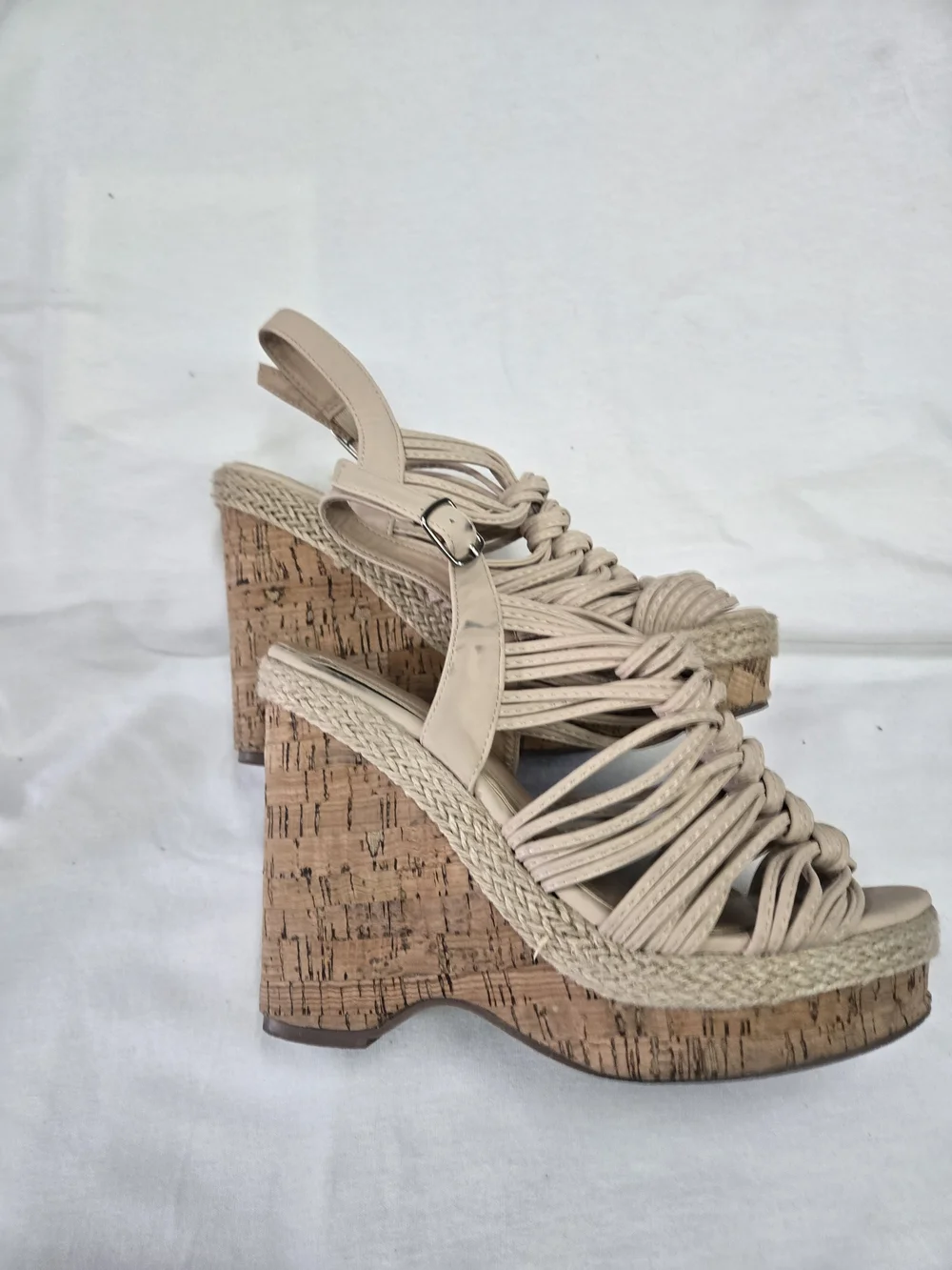 Chase + Chloe Beige Braided Cork Platform Wedge Sandals